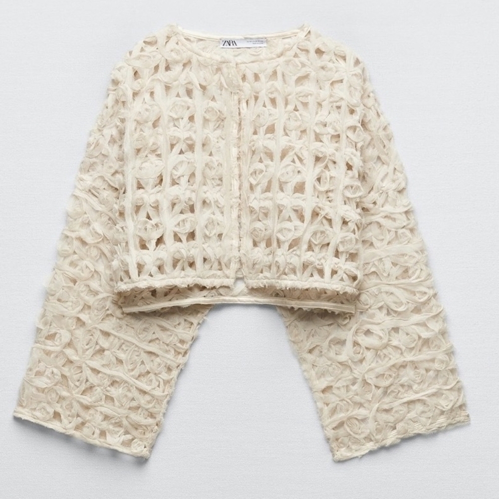 Zara Open Knit Cropped Cardigan Blazer Jacket Size S - Picture 15 of 16